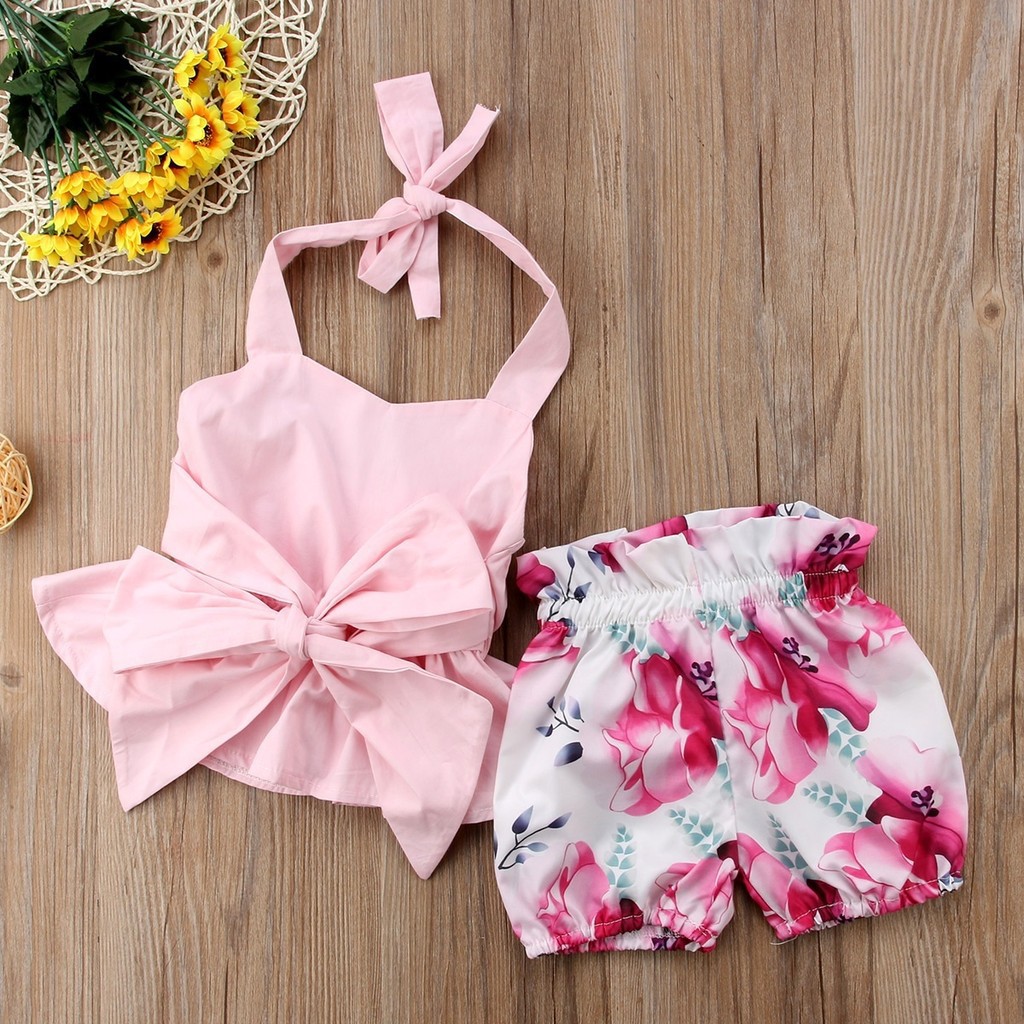Set áo yêm cột nơ + quần ngắn in hoa dễ thương cho bé gái
