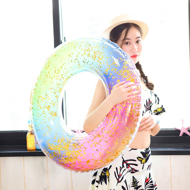 Phao Bơi Bơm Hơi Tròn Màu Gradient Cầu Vồng Lấp Lánh