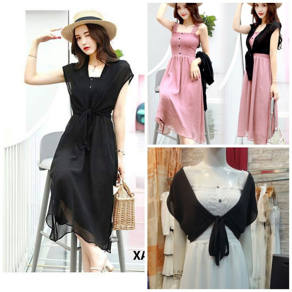 Maxi 2 dây nhún thun, kèm áo khoác mặc được 2 kiểu cực yêu (Hồng, trắng, đen) - hình thật 100%