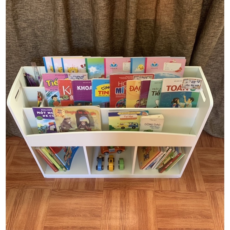 Kệ sách cho bé, kệ đồ chơi, giá sách gỗ 3 tầng, giá sách kết hợp kệ đồ chơi Montessori cho bé KTH