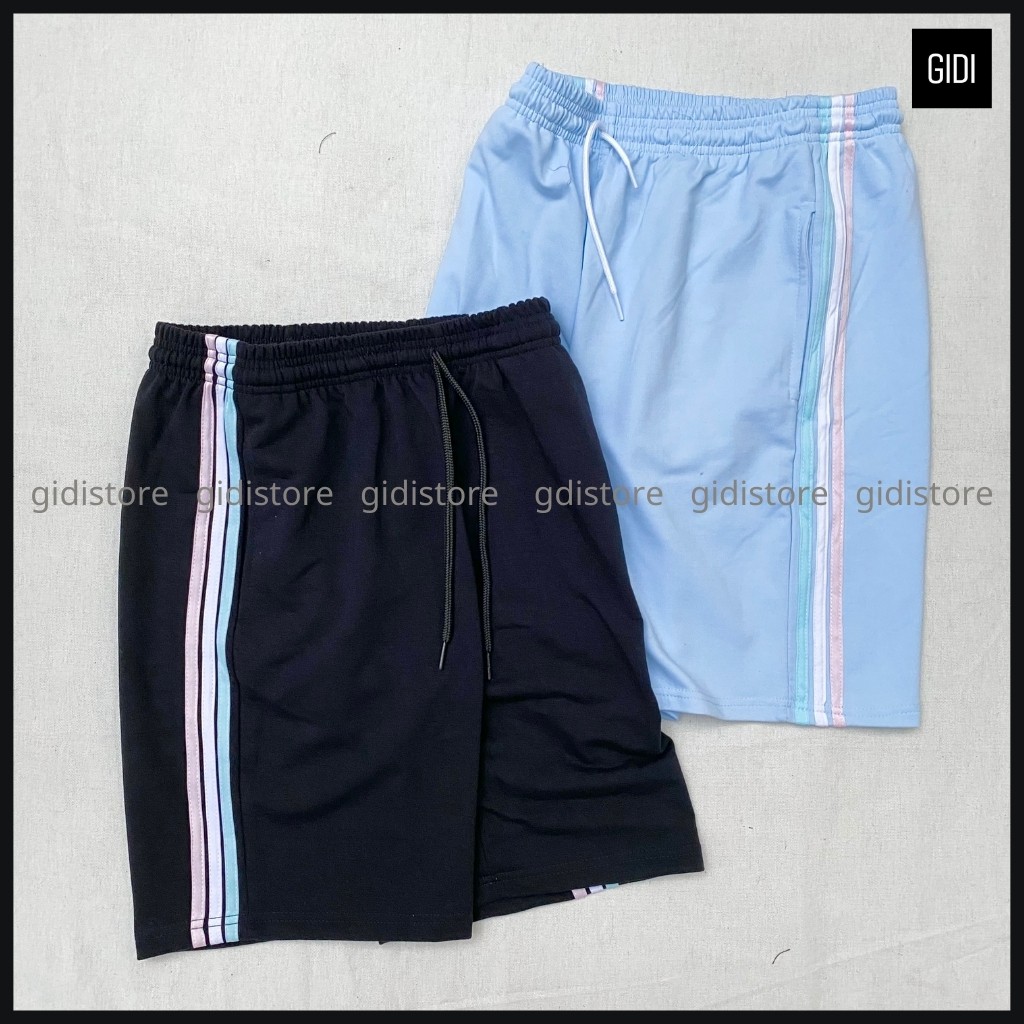 Quần Short thun RIO Nam Nữ Unisex phối 3 sọc trắng/ đen/ blue - quần đùi ngắn ống suông
