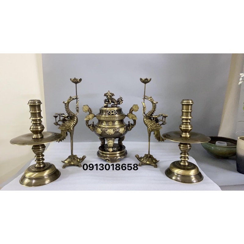 Bộ đỉnh lư đồng thờ tam sự ngũ sự cao 42cm, bộ đỉnh hạc chân đèn bằng đồng nguyên chất.