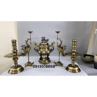 Bộ đỉnh lư đồng thờ  tam sự ngũ sự  cao 40cm, bộ đỉnh hạc chân đèn bằng đồng nguyên chất.
