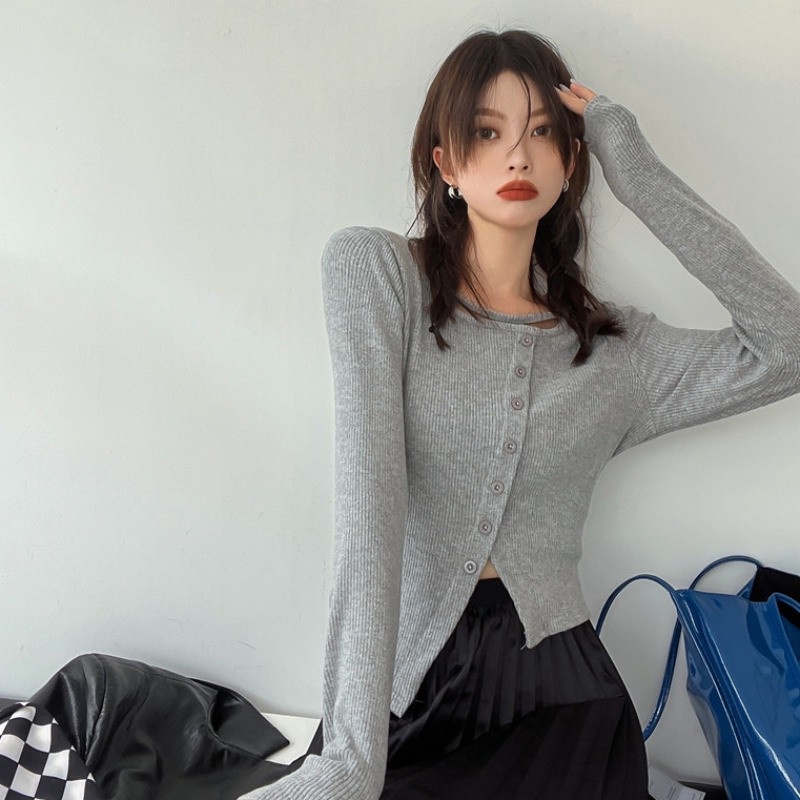 ZHELIHANGFEI Áo Len Tay Dài Lưng Cao Kiểu Dáng Sexy Hợp Thời Trang