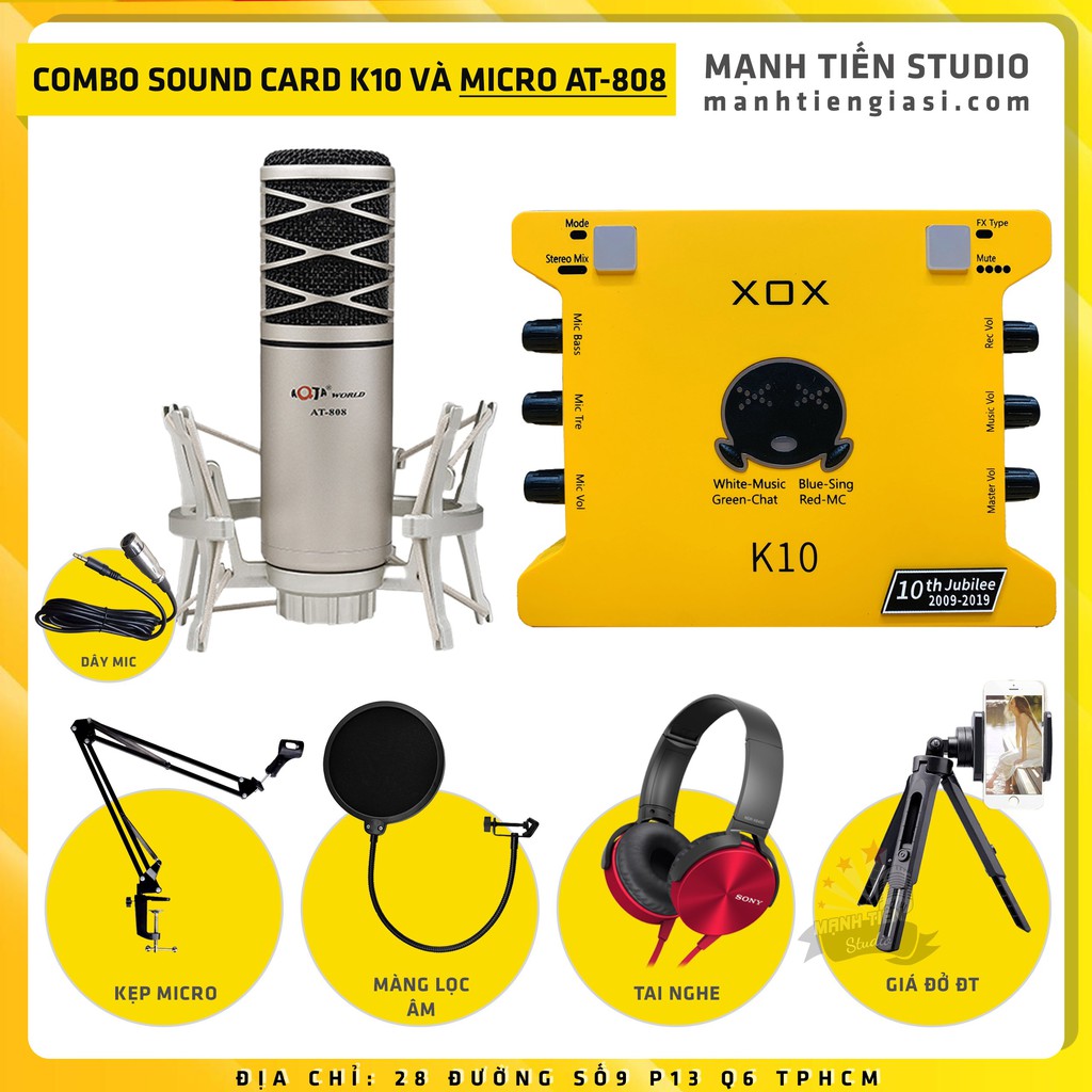 Combo thu âm, livestream Micro AQTA AT-808, Sound card XOX K10 Jubilee - Kèm full phụ kiện kẹp micro, màng lọc, tai nghe