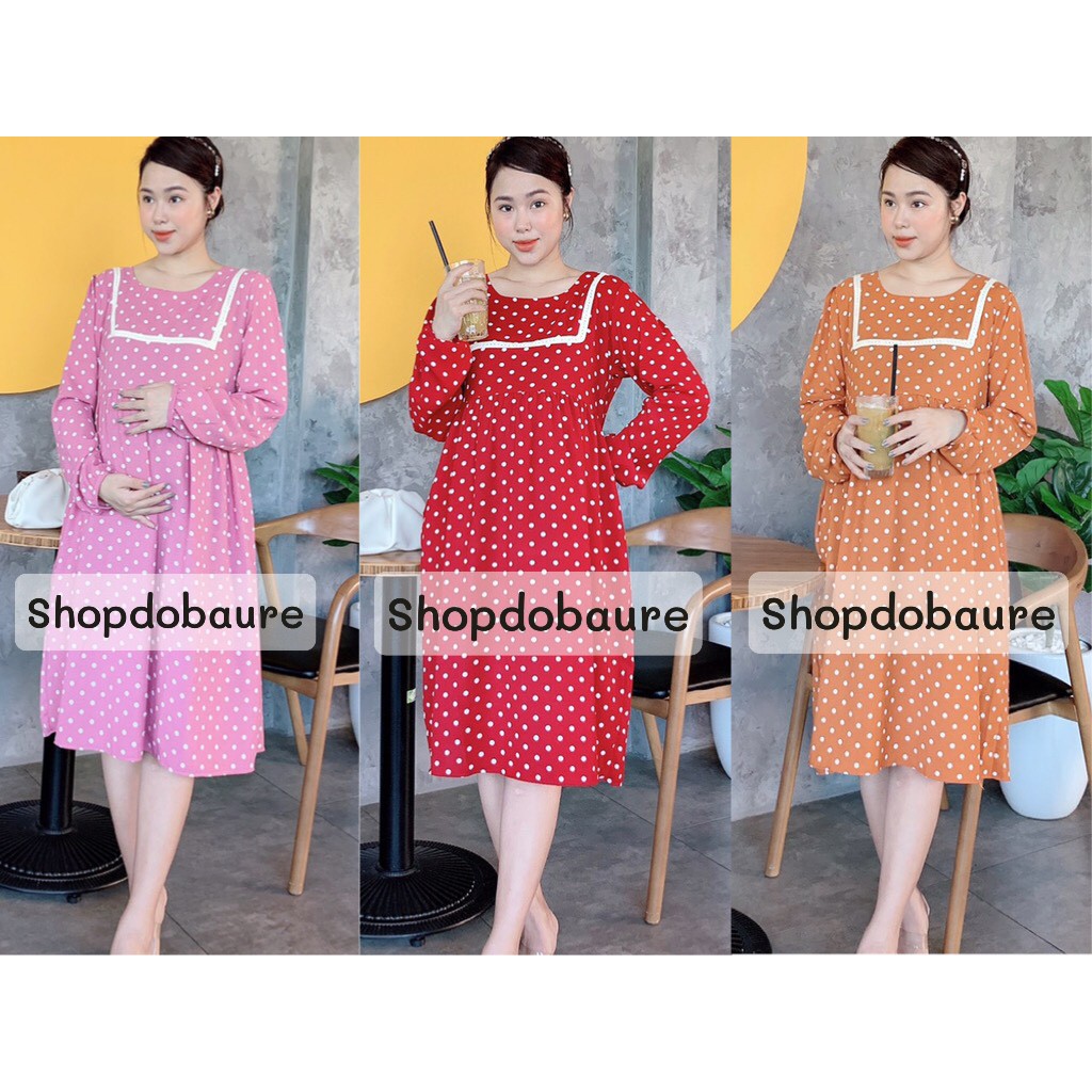 Váy bầu tiểu thư dài tay chấm bi THU ĐÔNG - 𝐕𝟕𝟓
