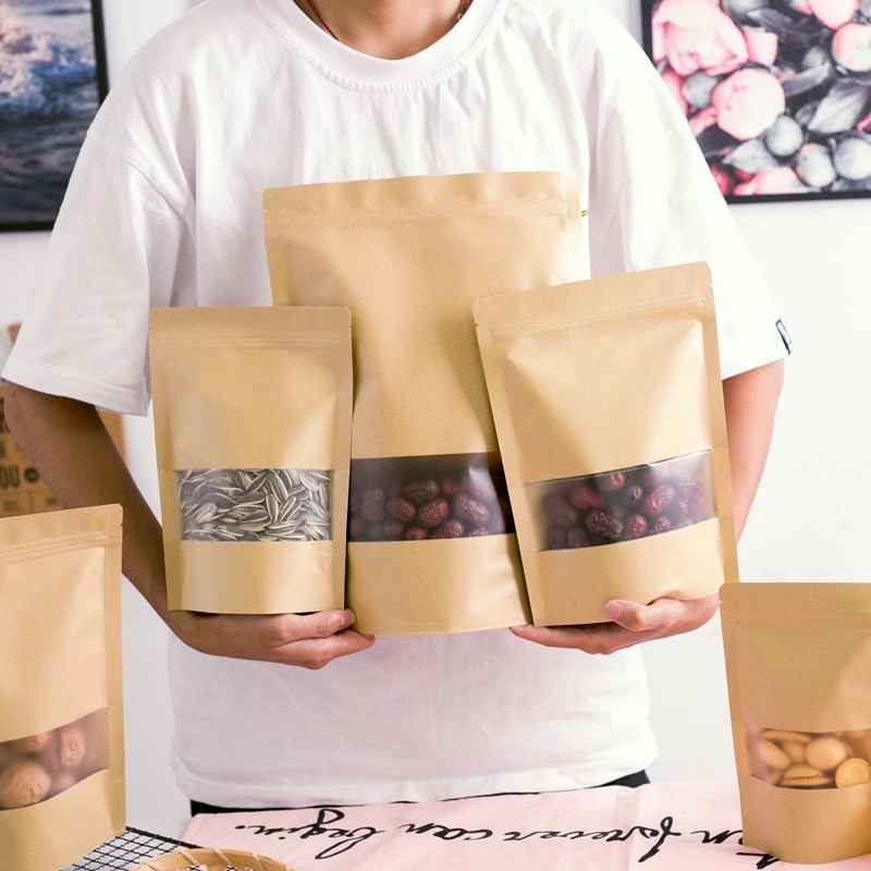Set 10 Túi Giấy Kraft Màu Nâu Có Cửa Sổ Đứng Đựng Thực Phẩm Trà Cà Phê Kẹo Có Thể Tái Sử Dụng
