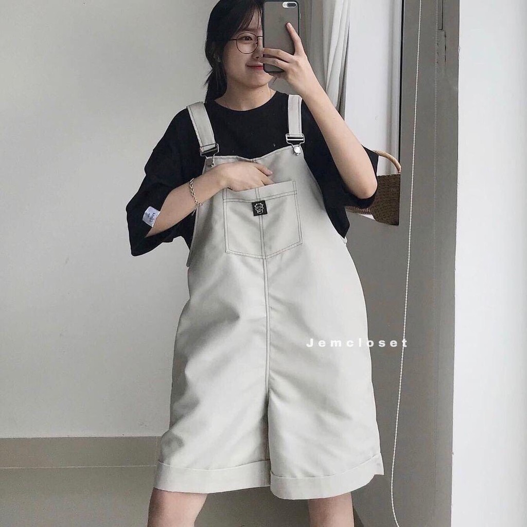 [RẺ VÔ ĐỊCH] Quần Yếm Nữ Dáng Xuông Ulzzang🌸 Yếm Kaki Đùi Lửng Form Rộng Unisex Có 2 Túi Trước 2 Màu Đen Trắng