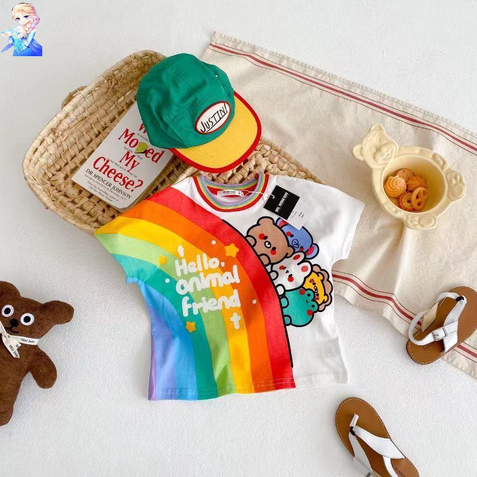 Áo Thun Cotton Tay Ngắn In Họa Tiết Động Vật Hoạt Hình Màu Cầu Vồng Dành Cho Trẻ Em 2022