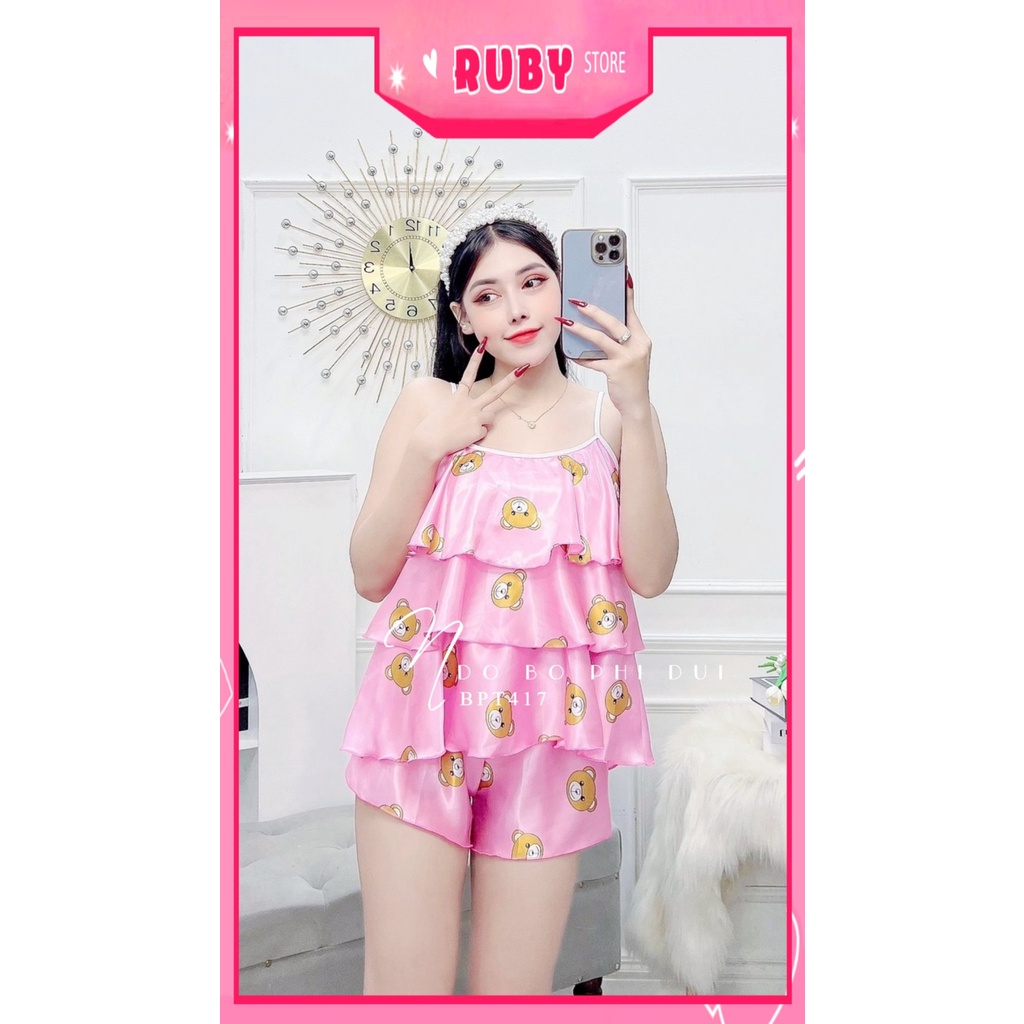 Đồ bộ ngủ sexy cho nữ mặc nhà chất phi bóng mềm mát in hình gấu hoạt hình dễ thương BPT417