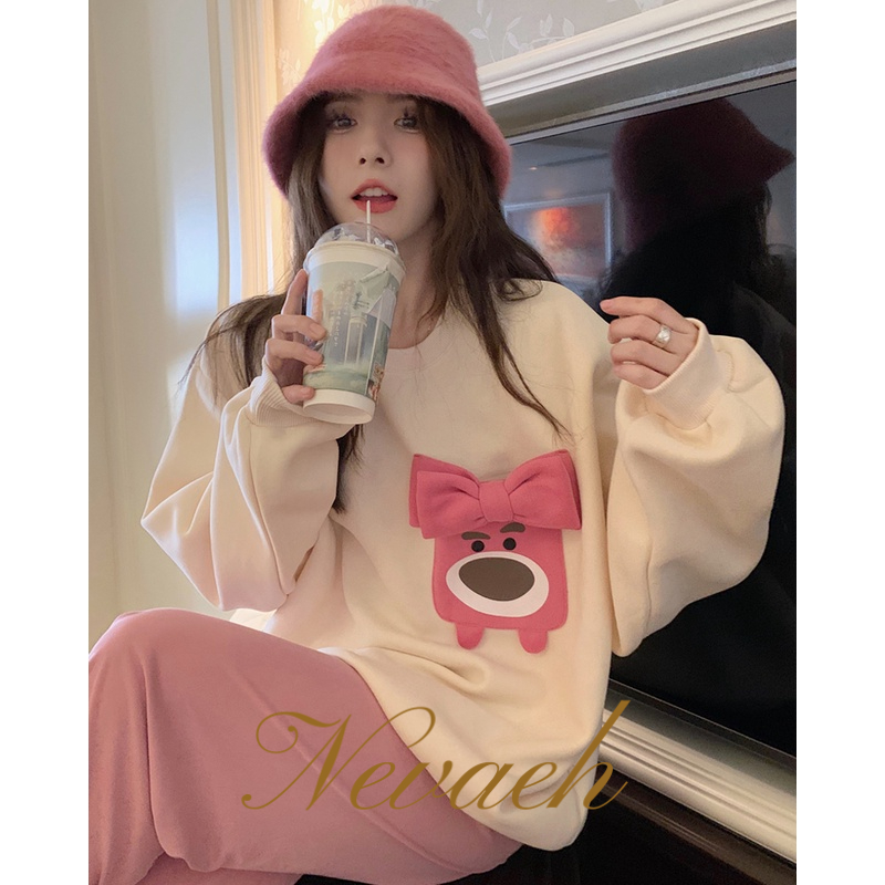 Áo Sweater Lông Cừu Cổ Tròn In Họa Tiết + Túi Đính Nơ Thời Trang Mùa Đông Cho Nữ