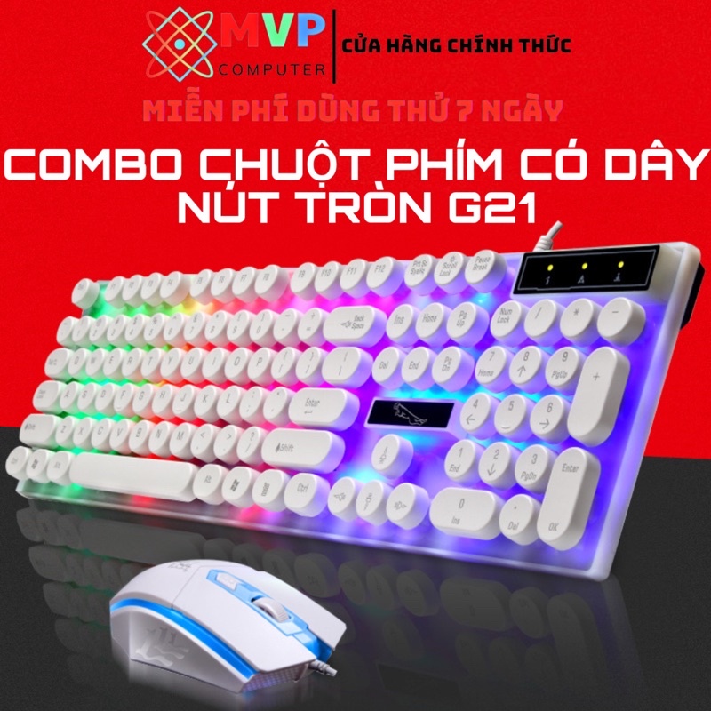 Bàn Phím Chuột Máy Tính Laptop Giả Cơ Có Dây G21 Nút Tròn Có Đèn LED Cao Cấp Giảm Tiếng Ồn Chơi Game Làm Việc Trắng Đen