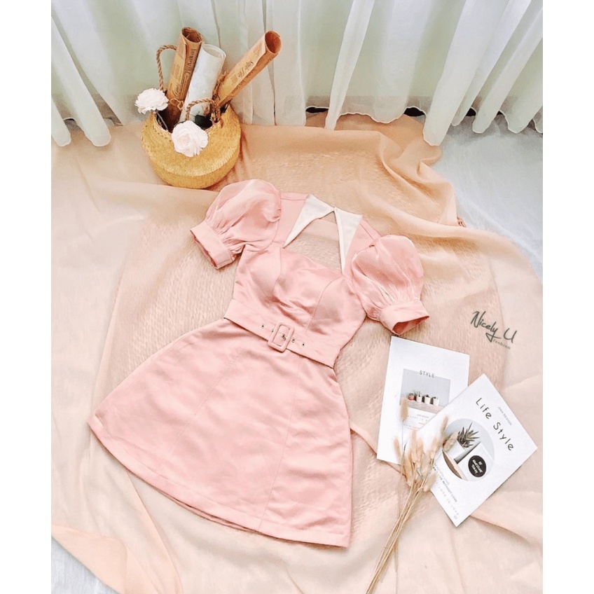 ĐẦM TAFTA DÁNG ÔM TAY CON CỔ CÁCH ĐIỆU THẮT BELT DỰ TIỆC KẾT HỢP CÔNG SỞ CỰC XINH UP