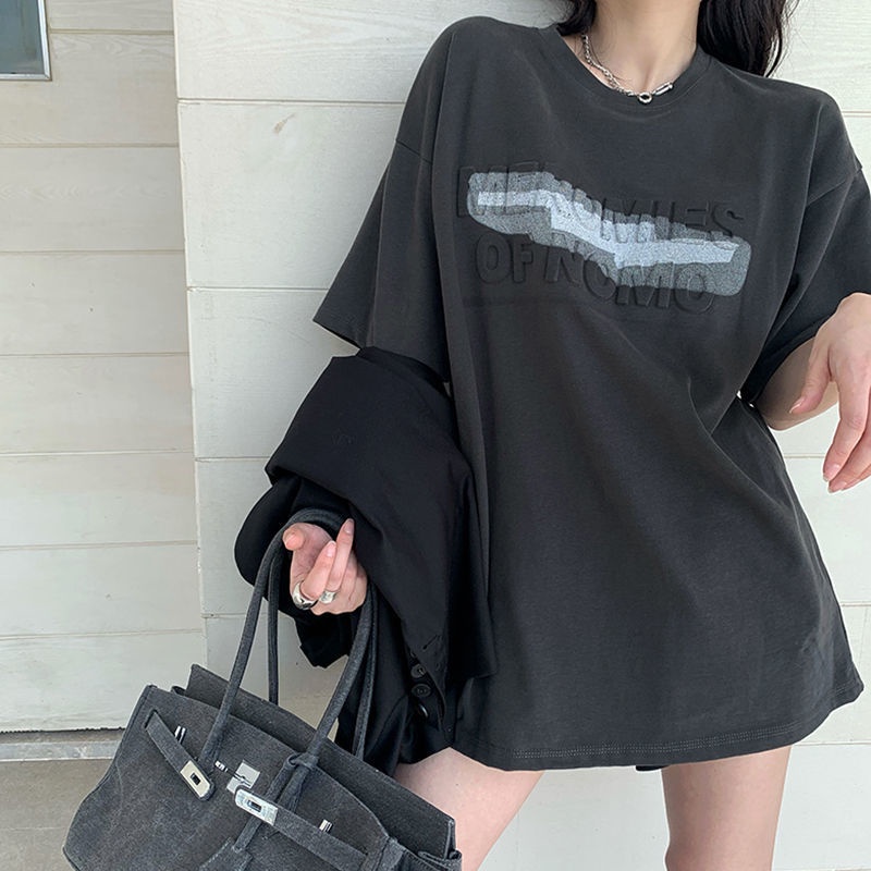 Áo Thun Tay Ngắn Dáng Rộng In Chữ Màu Xám Đậm Thời Trang Mùa Hè Hàng Mới Dành Cho Bạn Nữ 2021