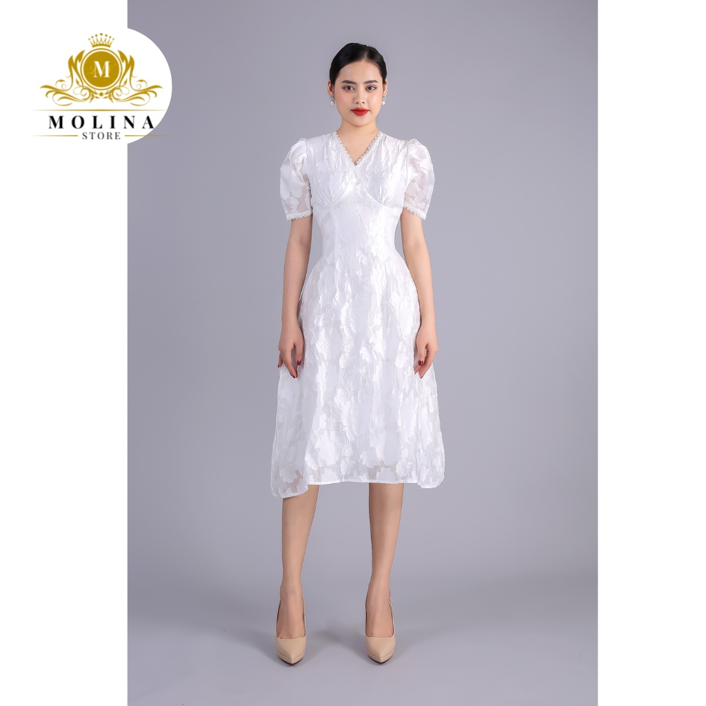 Đầm Xòe Vol Thiết Kế Molina Ren Hoa Nổi Cao Cấp, Cổ V Tay Bồng Điệu Đà, Dáng Dài Thanh Lịch Nữ Tính