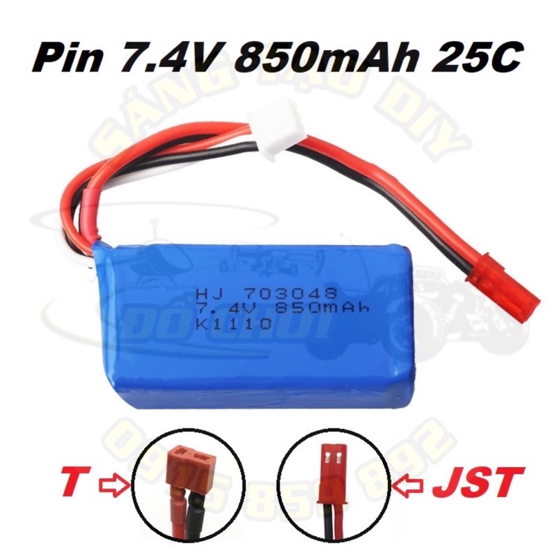 Pin Lipo 703048 7.4V 850mAh 25C jack T/JST cho máy bay, xe tàu thuyền điều khiển từ xa