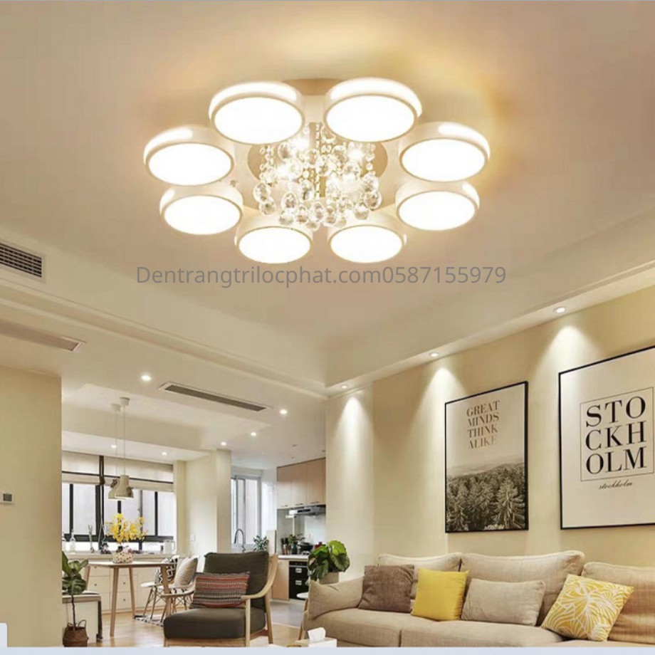 Đèn trần, đèn ốp trần 8 cánh tròn thả pha lê trang trí phòng khách kèm khiển