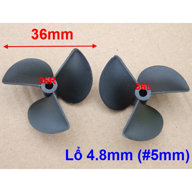 Chân vịt 36mm, 3 cánh thuận nghịch , lổ 4mm, loại có chốt chận, bằng nhựa đen mờ cho tàu đồ chơi đk từ xa