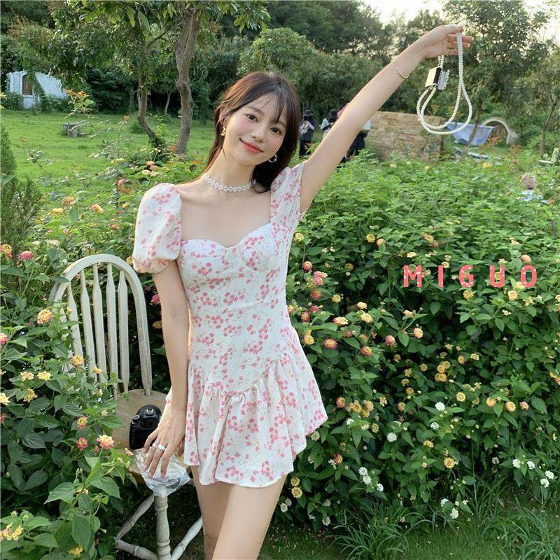 Đầm MIGUO chít eo họa tiết hoa thời trang hè retro 2021 cho nữ