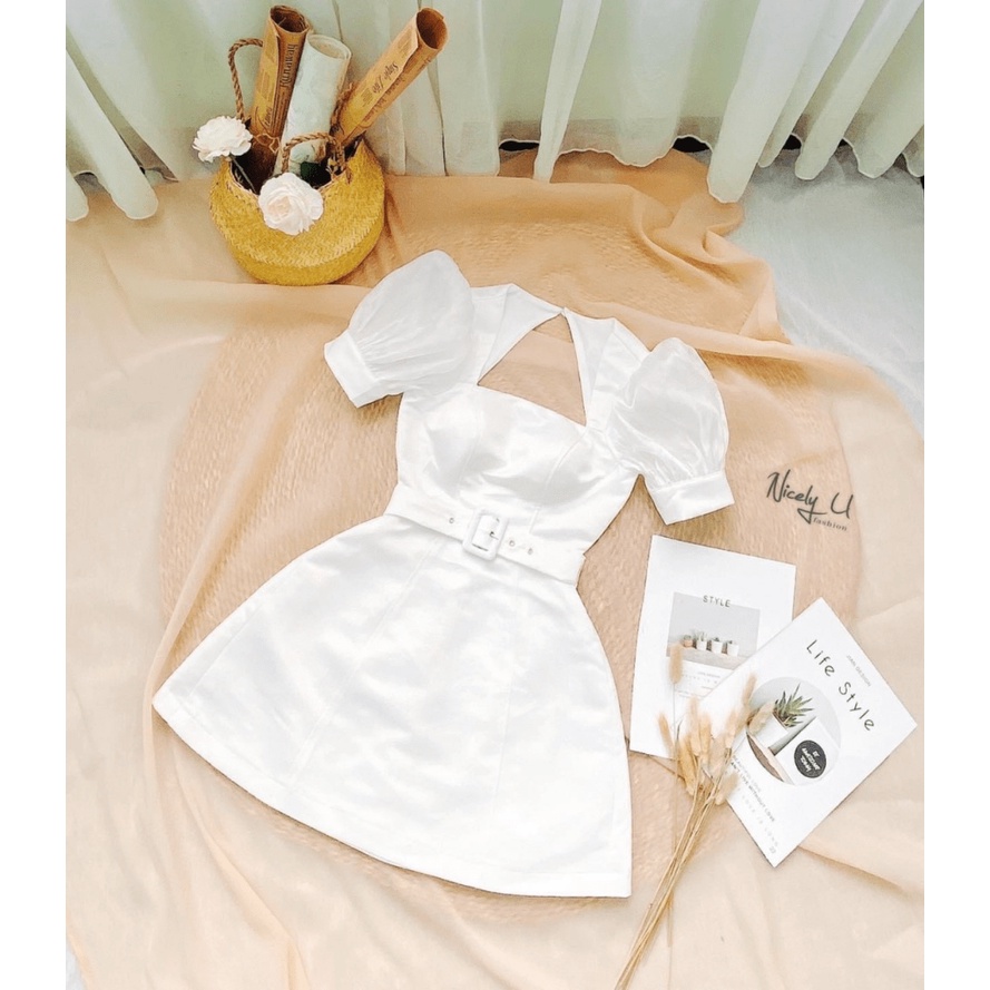 ĐẦM TAFTA DÁNG ÔM TAY CON CỔ CÁCH ĐIỆU THẮT BELT DỰ TIỆC