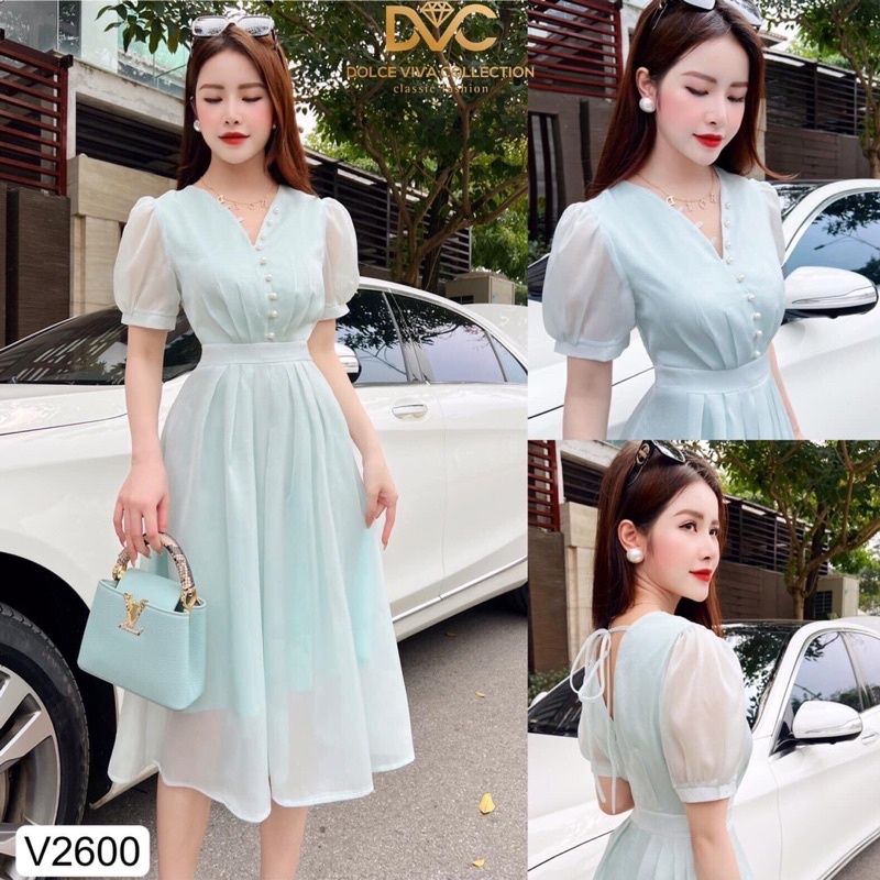 Váy xoè màu xanh ngọc đính cúc siêu xinh, váy thiết kế chính hãng DVC