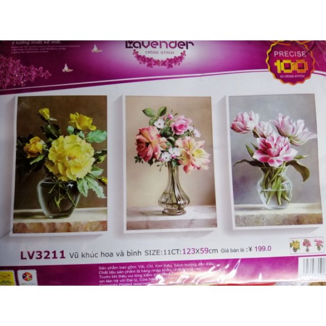 Tranh thêu chữ thập bộ bình hoa 3 bức LV3211