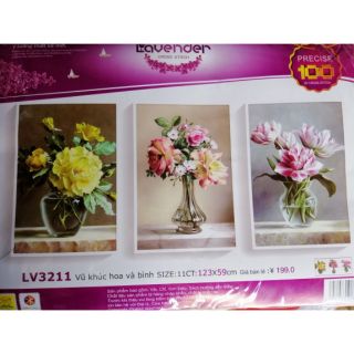 Tranh thêu chữ thập bộ bình hoa 3 bức LV3211