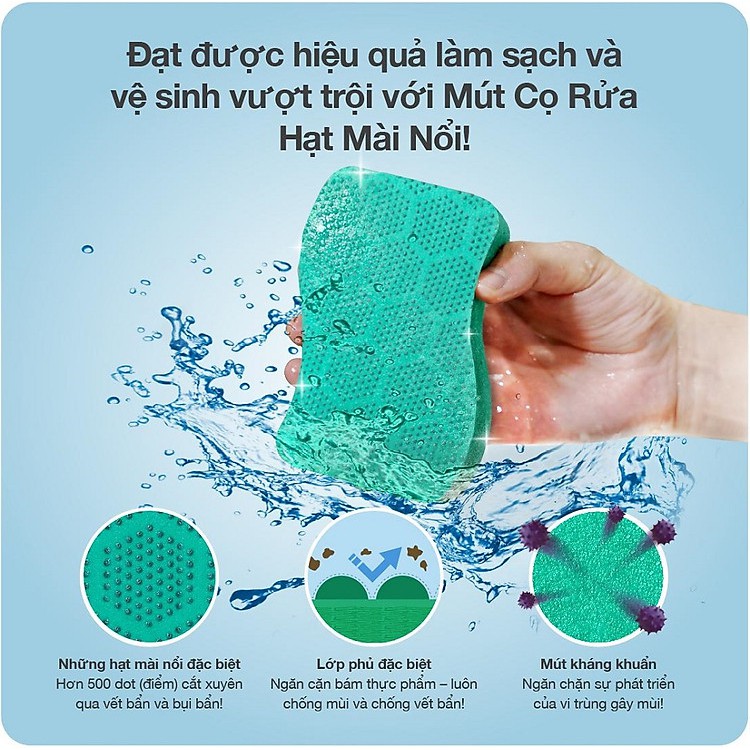 Miếng Rửa Chén Hạt Nổi 3M Scotch Brite Không Trầy Xước-Mút Kháng Khuẩn,Không Bám Cặn Gây Mùi