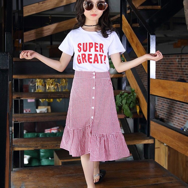 Set áo thun in chữ + chân váy caro cho bé gái 3-14 tuổi 110-160cm
