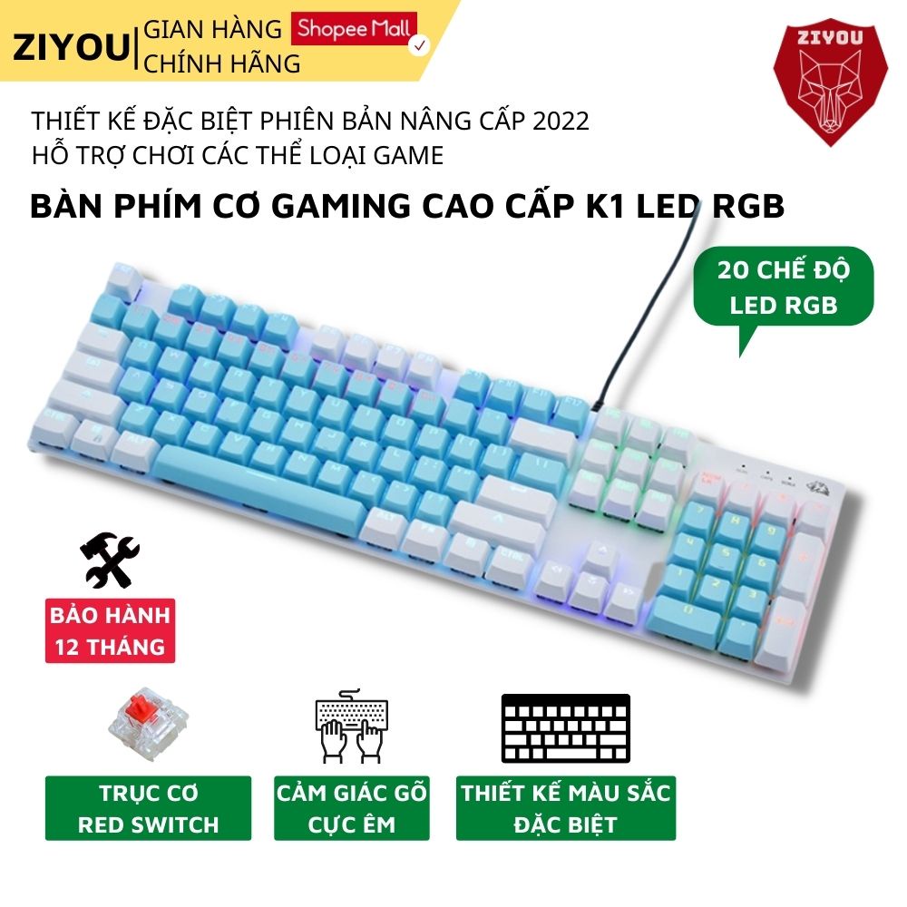 Bàn Phím CƠ Máy Tính Cao Cấp Ziyou K1 Có 20 Chế Độ Led, Sử Dụng Trục Cơ Red Switch Gõ Siêu Êm, Bản Nâng Cấp 2022
