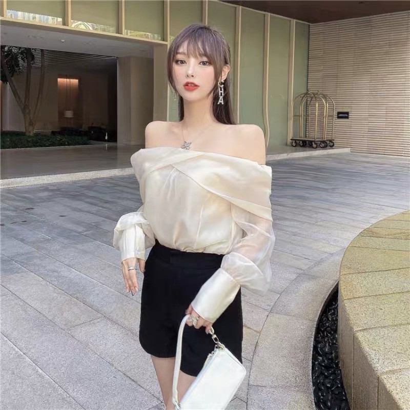 Áo trễ vai tiểu thư màu be hàng quảng châu