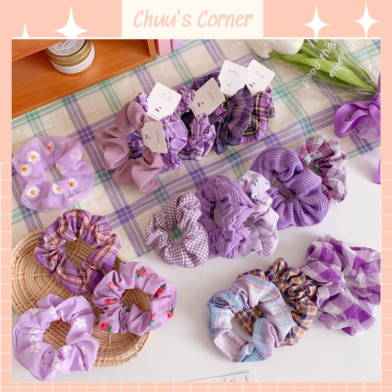 Dây buộc tóc tím caro Scrunchies phong cách hàn quốc cho nữ