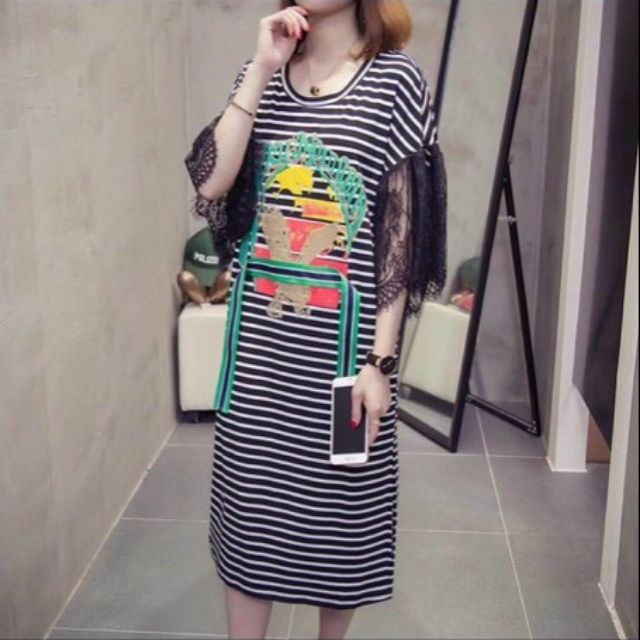 ĐẦM SUÔNG PHỐI SỌC TAY LƯỚI BSN041