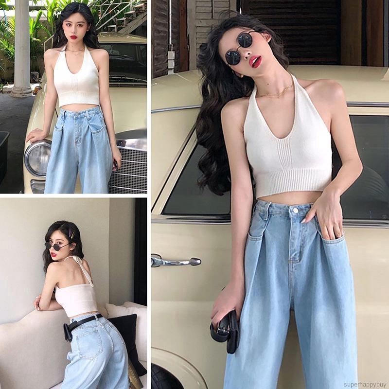 Women Sexy Tank Tops Hanging Halter Short  Korean Fashion Solid Color Camisole Tops