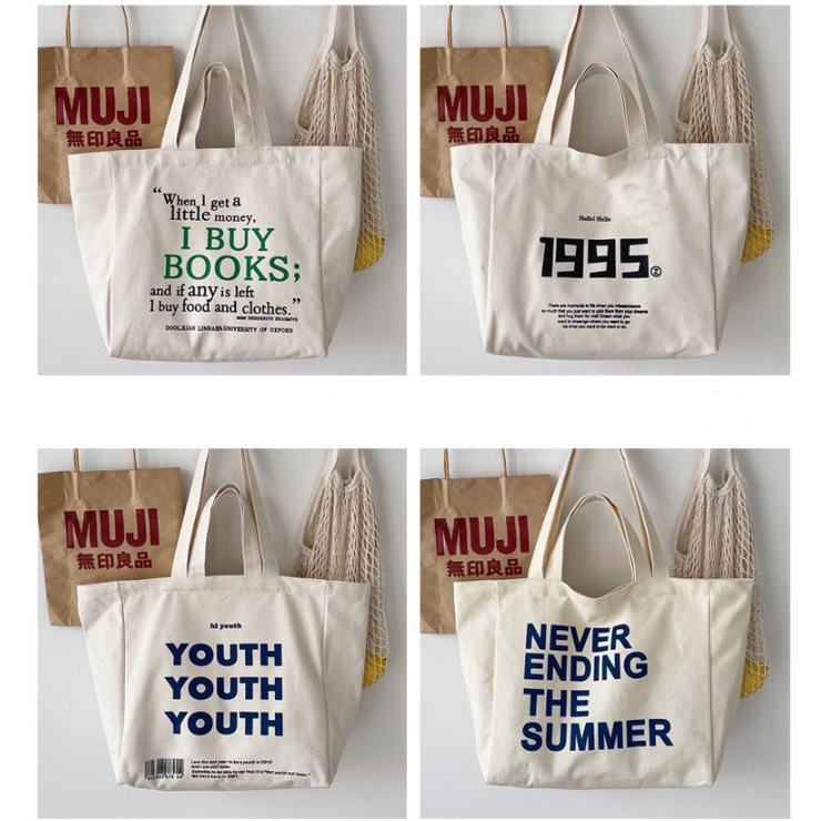 Túi tote vải canvas đeo vai Túi xách cao cấp đeo vai khổ vuông có khóa kéo và túi phụ đi học đi chơi