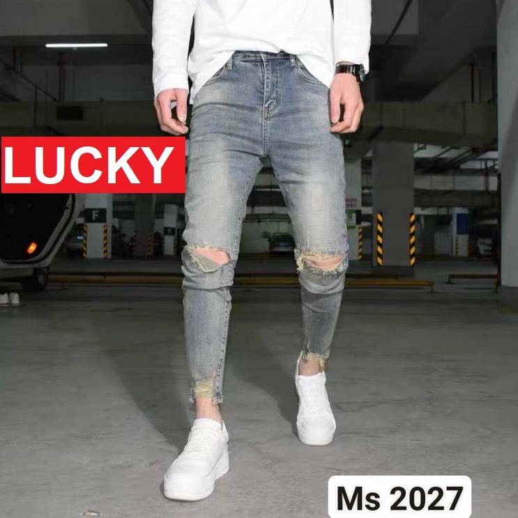 QUẦN JEAN NAM CHẤT BÒ RÁCH GỐI XẾP LI GẤU QUẦN CO GIÃN KJ2027 LUCKY SHOP | BigBuy360 - bigbuy360.vn