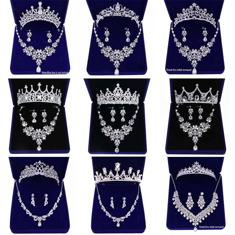 Set Vòng cổ + khuyên tai + vương miện 11 kiểu đính đá pha lê