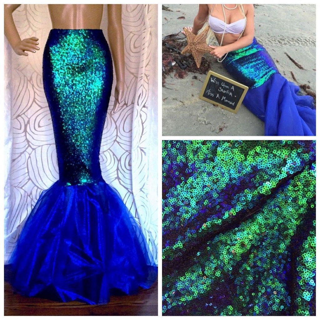 Womens Adult Sequins Mermaid Long Tail Skirt Party Maxi Fancy Dress with Asymmetric Mesh Panel Halloween Cosplay Costume Hot