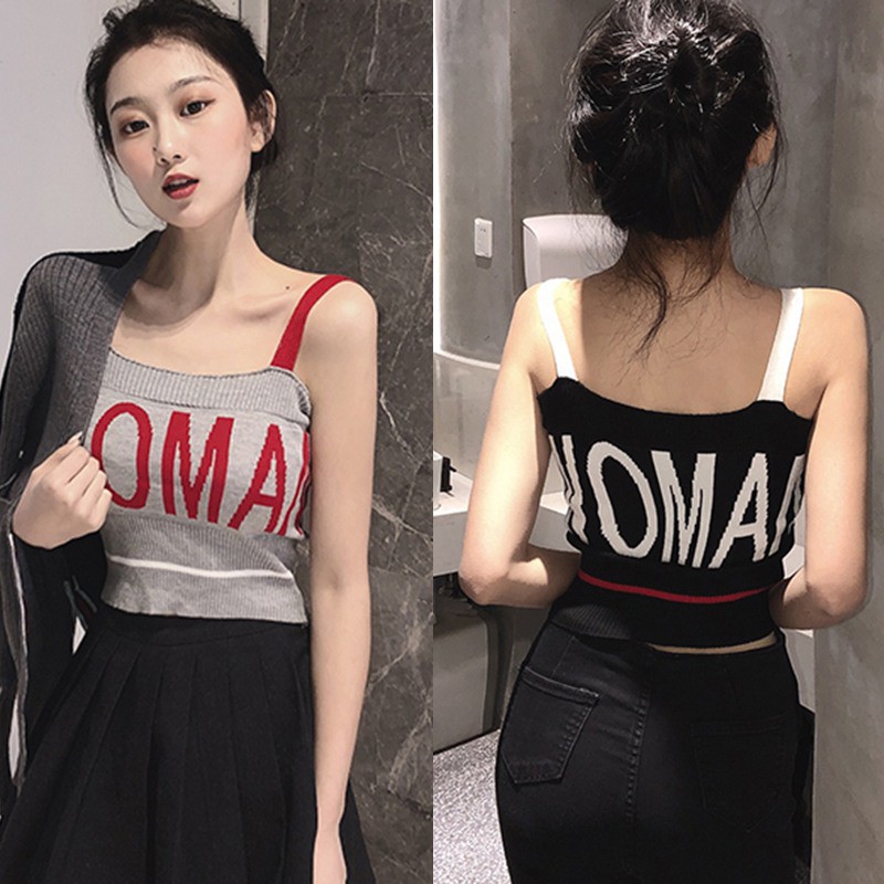 Áo dệt kim sát nách hoạ tiết chữ thiết kế gợi cảm cho nữ