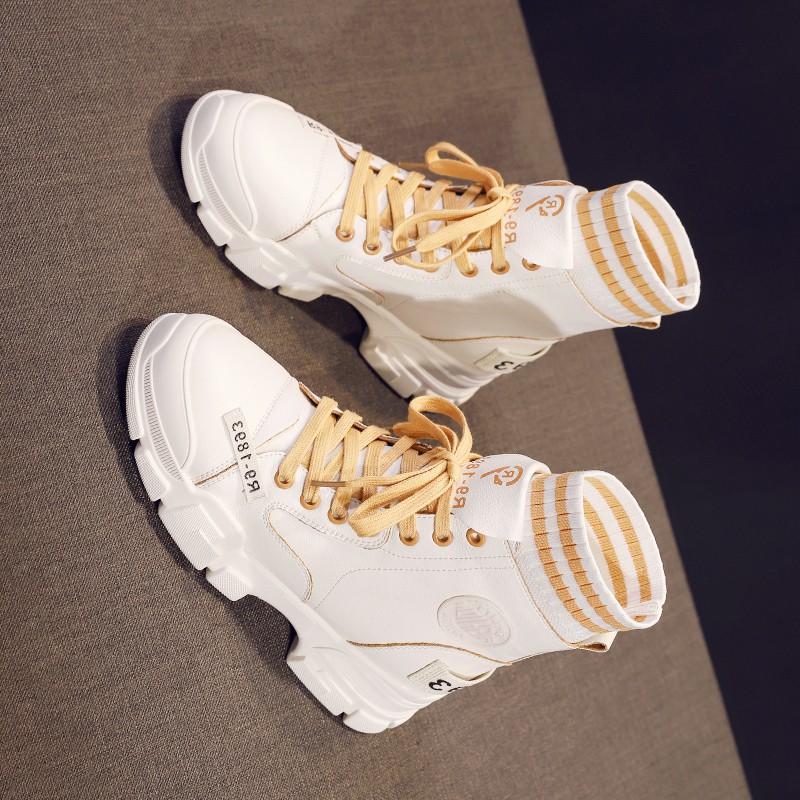 Giày bốt nữ cổ chun sọc đen trắng da mềm độn phong cách Anh quốc cổ cao đế cao 5cm | BigBuy360 - bigbuy360.vn