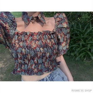 Áo Kiểu Tay Ngắn Họa Tiết Hoa Phong Cách Retro Cho Nữ