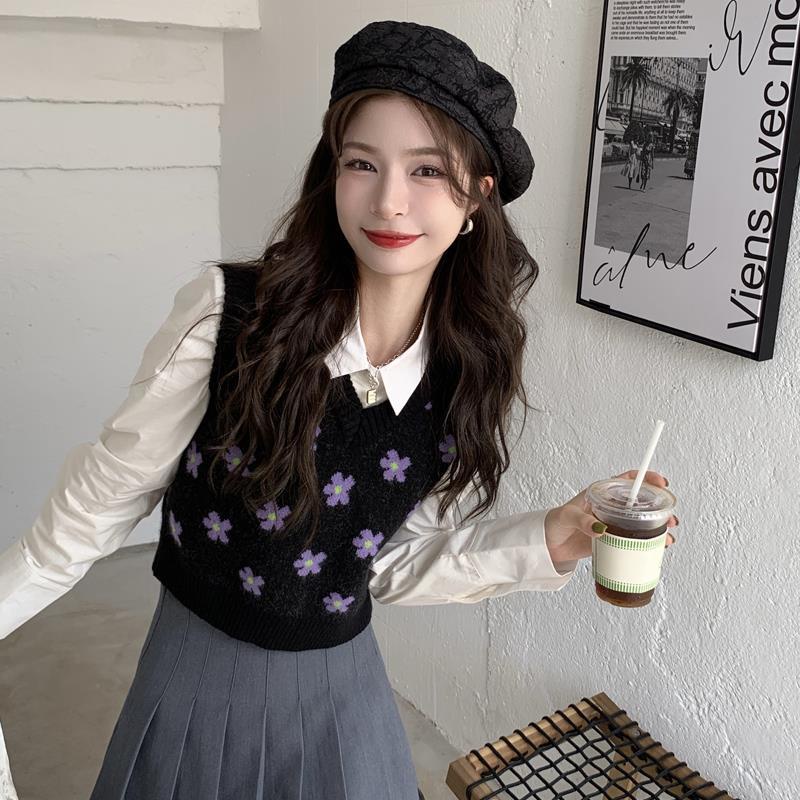 Áo Dệt Kim Sát Nách Dáng Rộng In Hoa Kiểu Vintage Hàn Quốc Xinh Xắn Cho Nữ