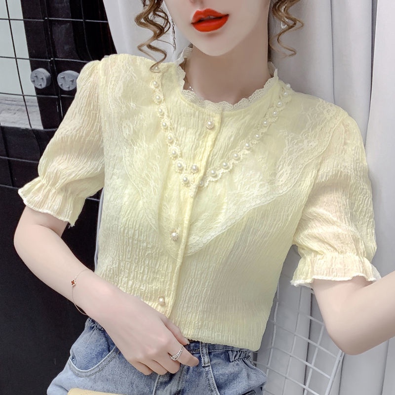 Áo Sơ Mi Tay Ngắn Phồng Xếp Ly Nhỏ Phối Ren Phong Cách Pháp Sang Trọng Tươi Mới 2021 Dành Cho Bạn Nữ