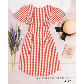 Đầm Caro Thắt Eo Tay Phồng  Dễ Thương