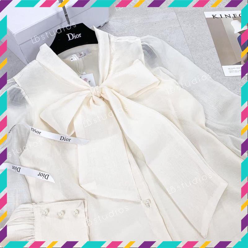 Áo sơ mi tay bồng cổ nơ khuy ngọc 2 lớp mặc đi chơi, đi làm cực xinh_350 MSP11639 | BigBuy360 - bigbuy360.vn
