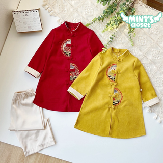 Áo dài cách tân nhung thêu xẻ tà kèm quần lụa cho bé trai từ 3-4 tuổi MINTSCLOSET Mint's Closet - TD4027