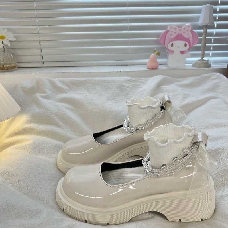 GIÀY DA LOLITA ĐÍNH NƠ ĐẾ CAO HAI MÀU TRẮNG ĐEN