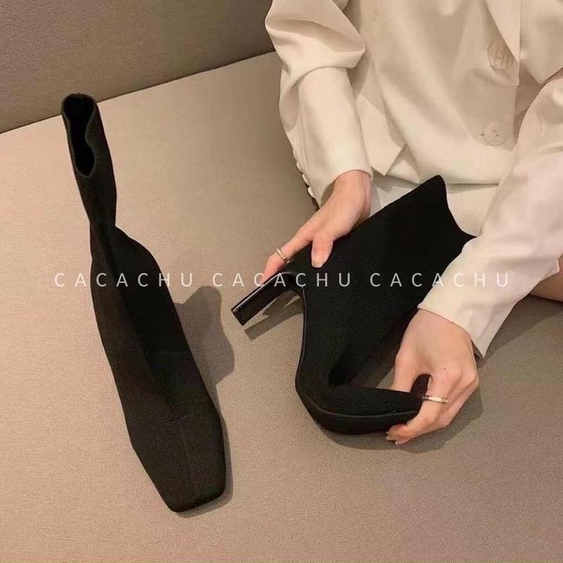 Bốt len nữ cao cổ lửng gót nhọn 7 phân màu đen hàng Quảng Châu đẹp chất len cao cấp co giãn ôm chân CACACHU G044