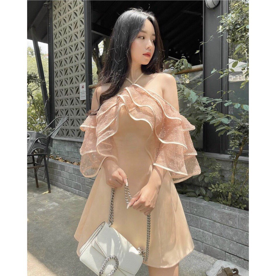 Váy trắng trễ vai bèo phối lưới chân váy xòe chất cotton thái mịn phong cách thời trang nữ