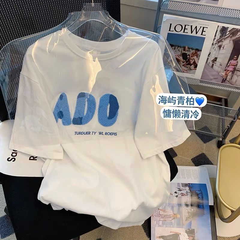Áo Thun Ngắn Tay Dáng Rộng Thêu Chữ Phong Cách Nhật Bản Mới Cho Nữ